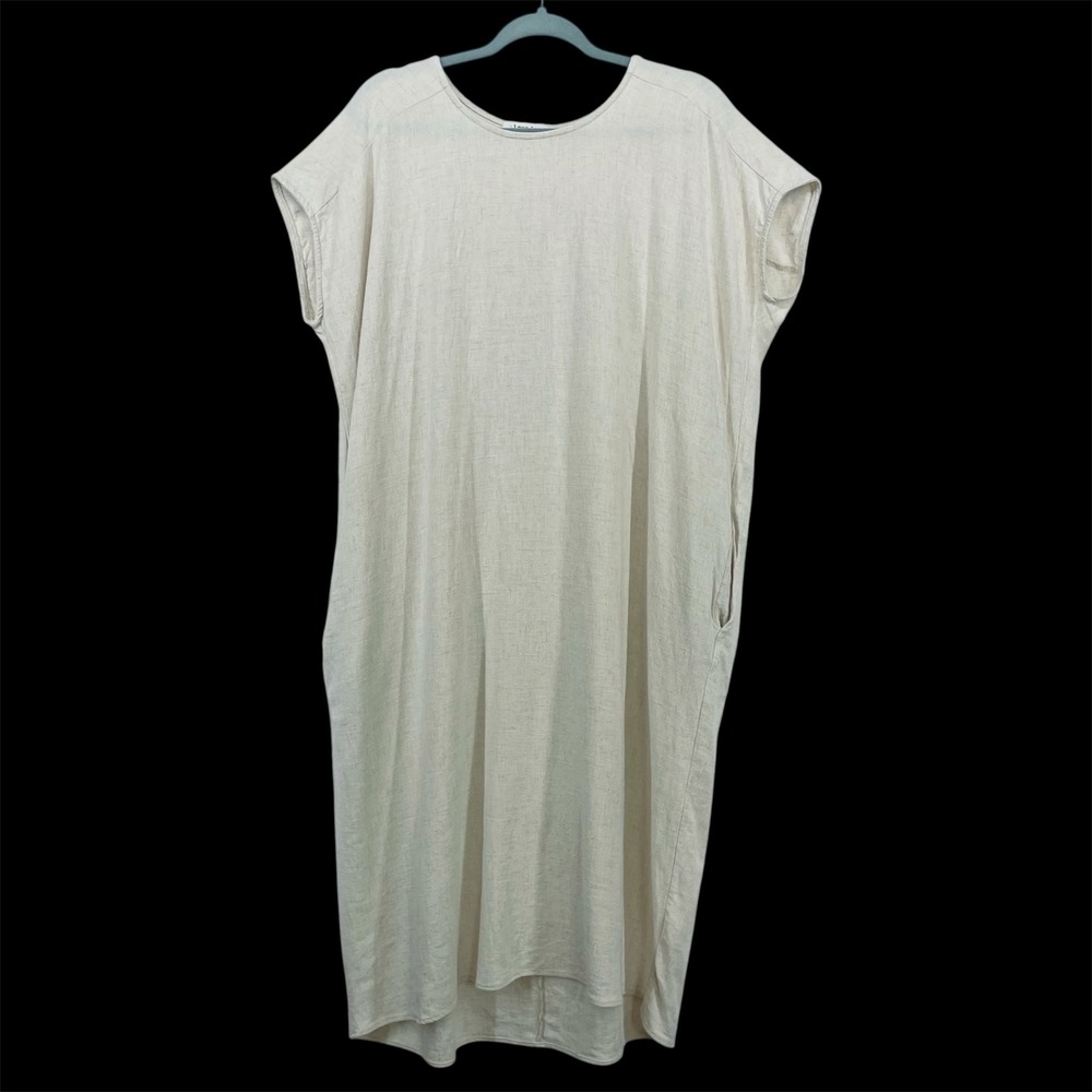 Love In Size Medium Shift Dress Beige Linen Blend Gathered Back Pockets‎ D10027